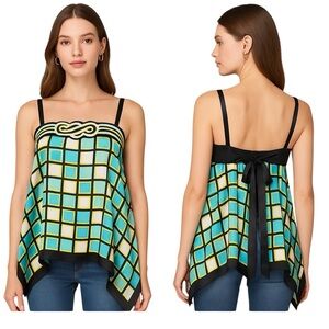 Bebe 100% Silk Geometric Scarf Hem Tie-Back Top Y2K Glam Size Medium